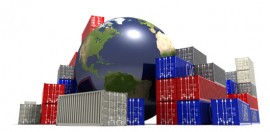 World trade concept. Globe surrounded by shipping containers.